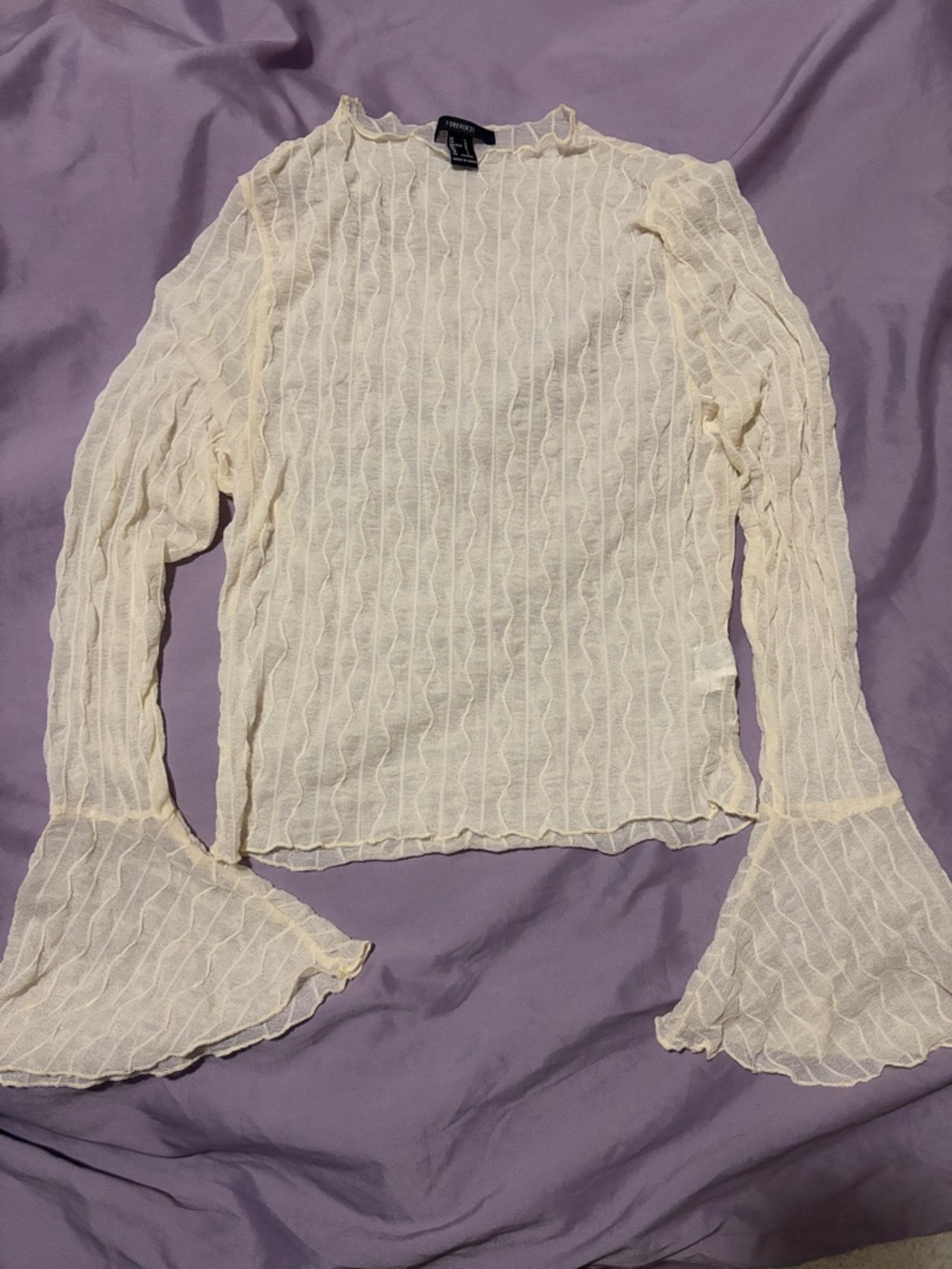 Cream Sheer Textured Long-Sleeve Top with Flared Cuffs